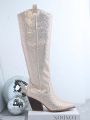 Metallic Rhinestone Decor Side Zipper Chunky Heeled Boots