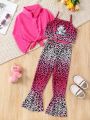 SHEIN Kids CHARMNG Little Girls' Solid Color Shirt Leopard Print Spaghetti Strap Top Flared Pants Casual Outfit