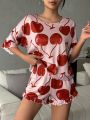 Cherry Print Drop Shoulder Ruffle Trim PJ Set