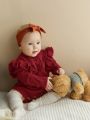 Baby Ruffle Trim Cable Knit Romper With Headband