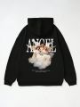 Men Plus Slogan & Angel Print Kangaroo Pocket Drawstring Thermal Hoodie