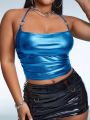 SHEIN ICON Plus Holographic Ruched Side Crop Halter Top