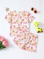 SHEIN Young Girl's Knitted Set With Flamingo Pattern T-Shirt And Loose Casual Shorts, Leisure Home Clothes