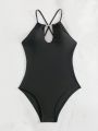 SHEIN Swim Chicsea One Piece Swimsuit With Rhinestone Chain Decoration, Hollow Out Design