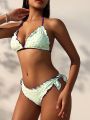 SHEIN Swim Mod Floral Print Ruffle Neck Halter Bikini Set For Women