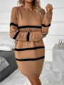 Striped Pattern Drop Shoulder Sweater Dress