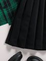 SHEIN Kids FANZEY Tween Girl Plaid Print Shirt & Pleated Skirt & High Neck Tank Top