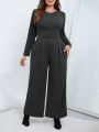 SHEIN Essnce Women'S Plus Size Round Neck Long Sleeve T-Shirt And Wide Leg Pants Two Piece Set