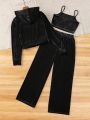 Teenage Girls' Velvet Hoodie Jacket, Camisole Top And Wide-leg Pants Casual Set