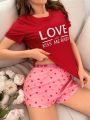 Women's Short Sleeve Pajama Set With Letter Print