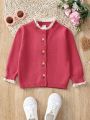 Baby Girl Floral Embroidery Contrast Lace Trim Button Front Cardigan