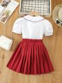 SHEIN Kids CHARMNG Girls' Doll Collar Embroidered Shirt And Pleated Skirt Lovely 2pcs Outfit