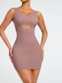 SHEIN SHAPE Ladies Solid Color Round Neck Pom Pom Trim Shapewear Dress