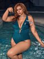 SHEIN Leisure Plus Size Solid Color Deep V-Neck One-Piece Swimsuit