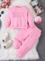 SHEIN Kids SUNSHNE Young Girl Letter Embroidery Thermal Sweatshirt & Sweatpants