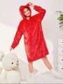 Teen Girl Drop Shoulder Hooded Flannel Nightdress