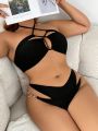 SHEIN Swim SXY Plus Size Hollow Out Halter Top And Pearl Decor Triangle Briefs Bikini Swimwear Set