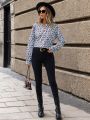 SHEIN Clasi All-Over Printed Notched Neck Long Sleeve Blouse