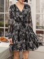 SHEIN Frenchy Ladies' Floral Printed Wrap Front Long Sleeve Dress