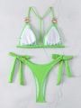 SHEIN Swim SXY Bikini Swimsuit Set Featuring Rhinestone Embellished Knot And Side Straps