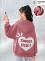 SHEIN Teen Girls' Loose Fit Casual Hoodie With Love Pattern Back Design, Padded Inner, Zipper Front And Drop Shoulder Sleeves