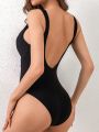 SHEIN DD+ Solid Color Women's Cross Over One Piece Swimsuit