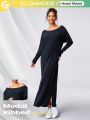 GLOWMODE Ribbed Silky Modal Off-Duty Boatneck Side Slit Dress