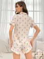 Women's Short Sleeve Top & Shorts Pajama Set With Tulip Printed Collar And Pockets