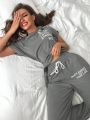 Slogan Graphic Tee & Drawstring Waist Pants Lounge Set