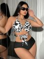 SHEIN Swim Y2GLAM Plus Size Women'S Black & White Color Block Printed Halter Neck Swimsuit Set