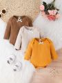 SHEIN Newborn Baby Girls' Three-piece Set Romper, Pants And Hat, Knitted Stripe Soft And Warm In Autumn And Winter