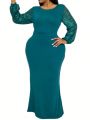 Plus Size Green Round Neck Glitter Lantern Sleeve Elegant Extra Long Mermaid Dress