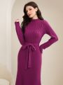 SHEIN Modely Women's Stand Collar Belted Long Sweater Dress