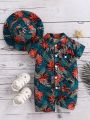 Baby Boy's Fashionable Tropical Plants & Flowers Print Shirt Romper With Matching Hat, Perfect For Spring/Summer Vacation