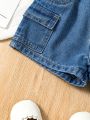 Girls' Mid Washed Blue Denim Shorts With Folded Hem