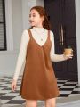 Teen Girls' Ribbed Stand Collar T-Shirt And Corduroy Suspender Skirt Set