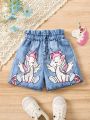 SHEIN Kids QTFun Young Girl Denim Effect Print Ruffle Waist Unicorn Print Shorts