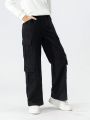 Boys' Street-Style Washed Black Denim Work Pants With Multiple Pockets, Wide Leg And Drop Crotch Design