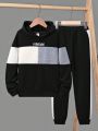 SHEIN Kids SPRTY Tween Boy Letter Graphic Colorblock Hoodie & Sweatpants