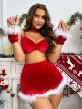 SHEIN Christmas Fuzzy Trim Underwire Lingerie Set With 1pair Gloves