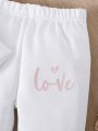 Baby Girl Casual Comfortable Heart Print Sweatshirt And Elastic Waistband Letter Printed Long Pants