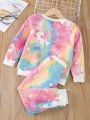 SHEIN Kids QTFun Toddler Girls Tie Dye Unicorn Print Teddy Sweatshirt & Pants