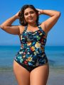 SHEIN Swim Classy Plus Size Tropical Print Knot Back Halter Top And Triangle Panty Bikini Set