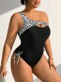 SHEIN Swim SXY Plus Size Leopard Print Monokini With Cutout One Shoulder And Sleeveless Design