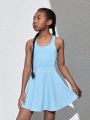 SHEIN Tween Girls' Knitted Solid Back Cross Hollow Out U Neck Casual Sports Dress