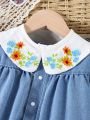 Infant Girls' Contrast Color Embroidered Peter Pan Collar Shirt And Pants Set