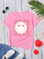 Girls' Casual Round-Neck Short-Sleeved T-Shirt With Letter, Heart & Face Print For Daily Wear