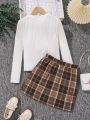 SHEIN Kids Cooltwn Tween Girl Ribbed Knit Tee & Plaid Print Skirt