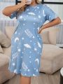 Plus Size Women's Soft Fabric Short Sleeve Sleep Dress With Moon Print