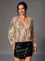 SHEIN Tall Women'S Glittery Lantern Sleeve Wrap Blouse